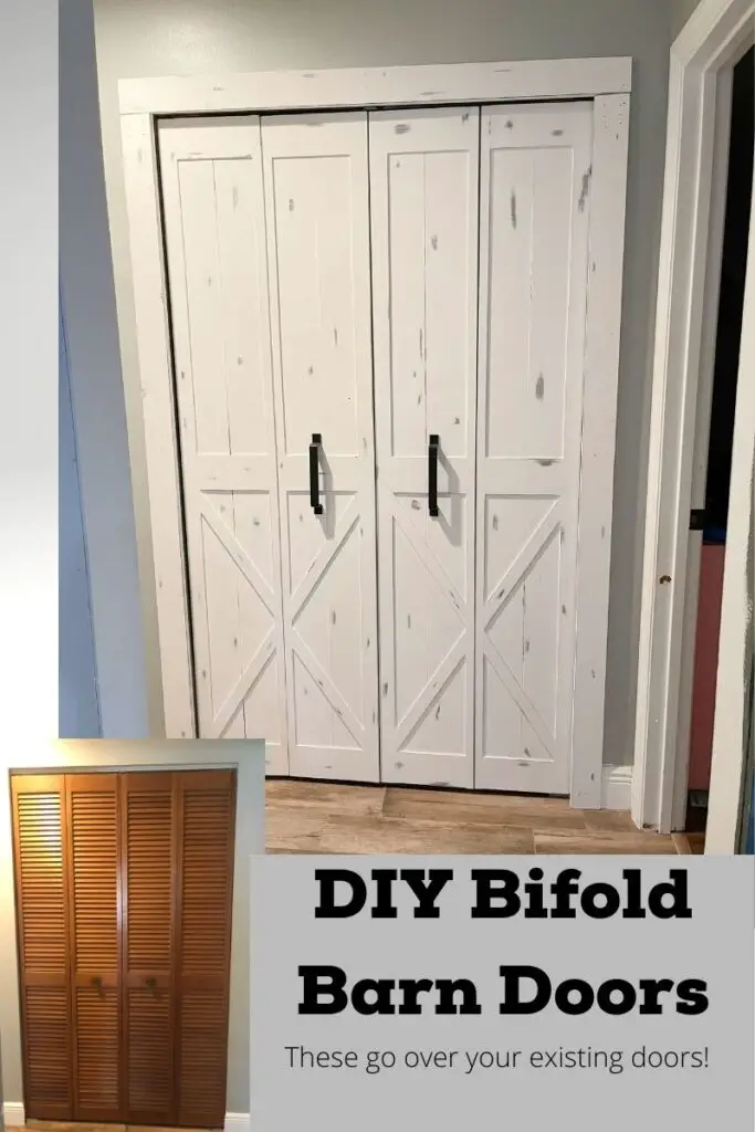 white bifold barn doors and a wood colored shutter style bifold doors