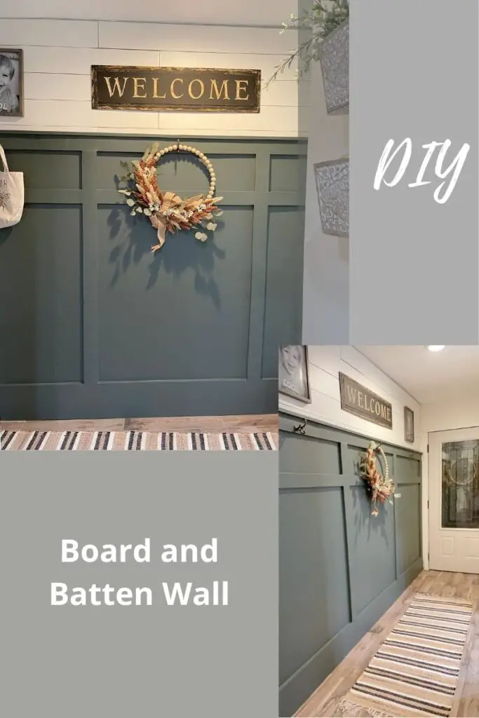 green board and batten wall collage with stripe rug