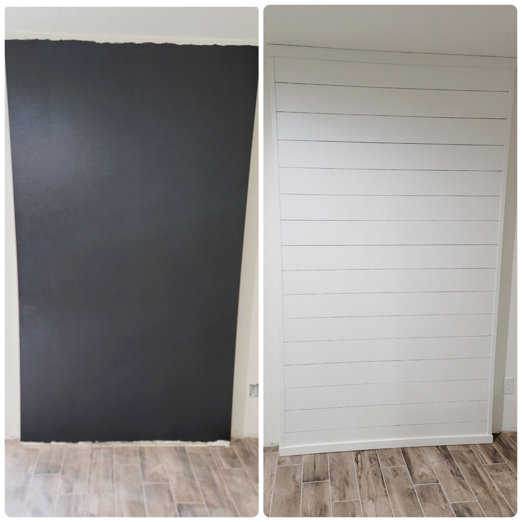 Wall painted black, then the wall with white shiplap over it