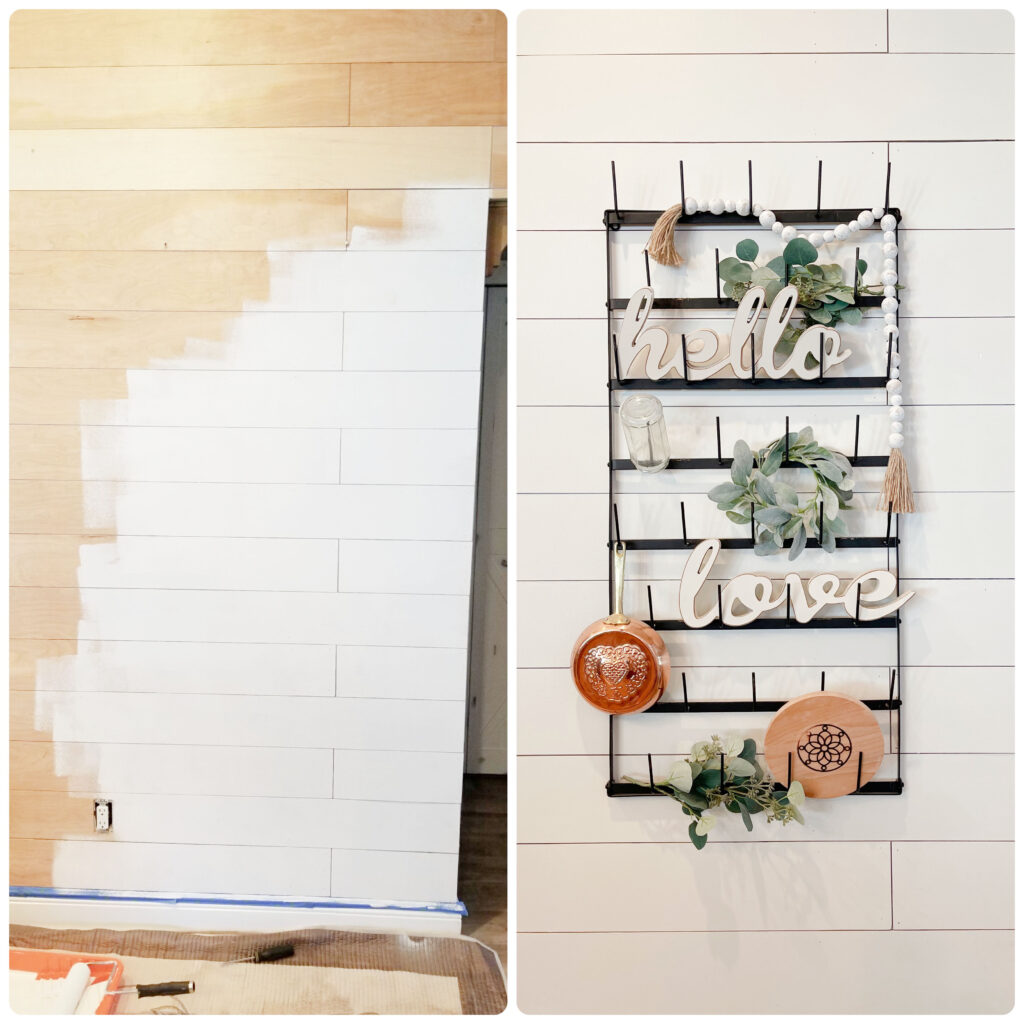 DIY Shiplap that is in process and completed and white in color. Farmhouse décor hung on top.