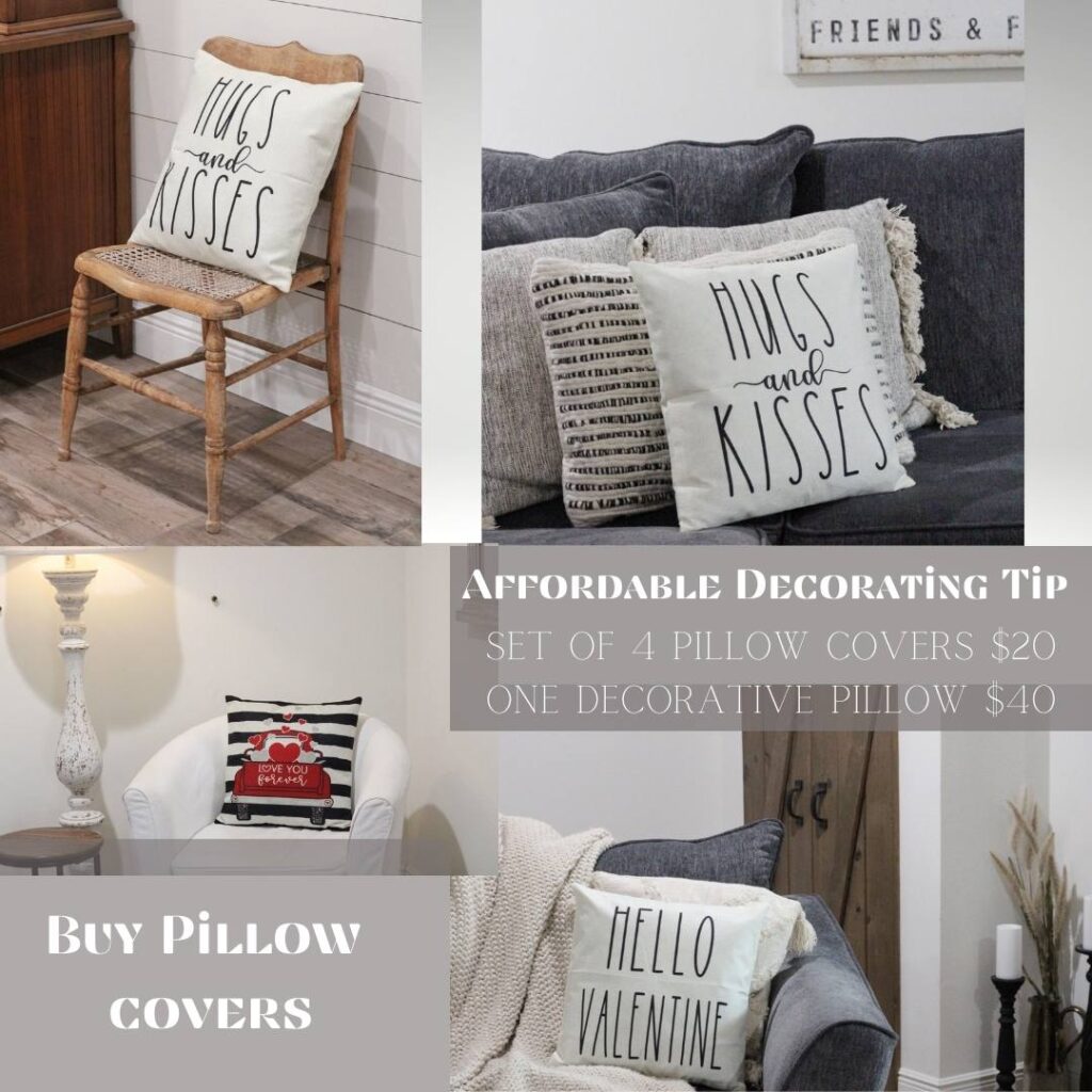 affordable and thrifty decorating tips collage pillow covers in different rooms, on a wood chair, on a grey couch