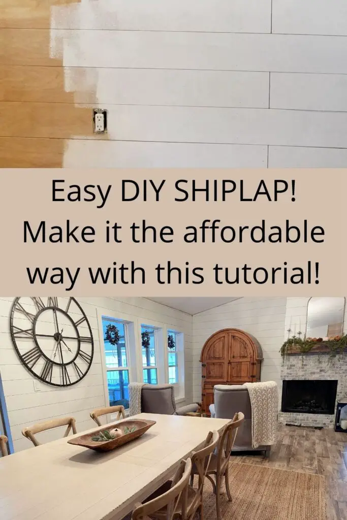 wood shiplap and white shiplap with a dining room with all white shiplap, with text saying Easy DIY Shiplap! Make it the affordable way with this tutorial! which makes it an affordable and thrifty decorating tip