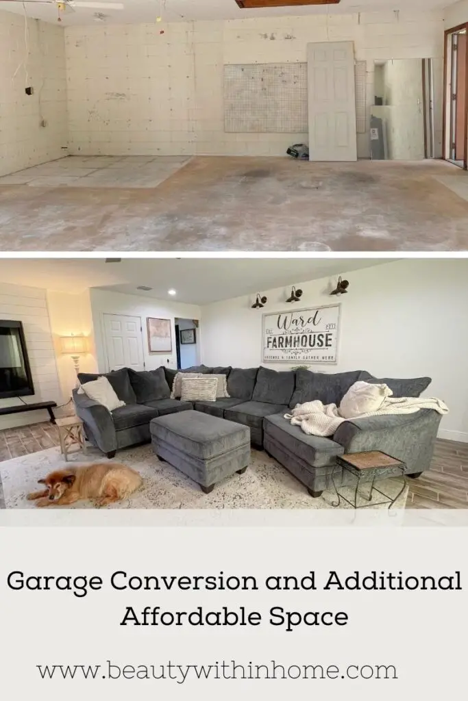 garage conversion and additional affordable space with grey sectional and ivory and grey area rug and brown dog