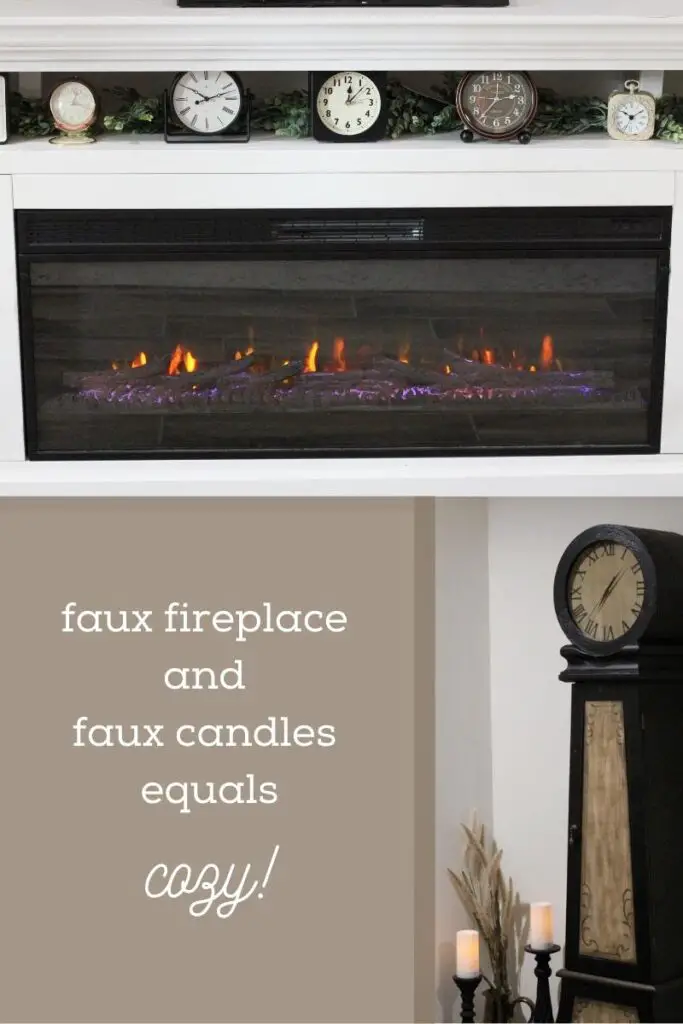 faux fireplace with a bunch of clocks on it and a black floor clock with faux candles next to it