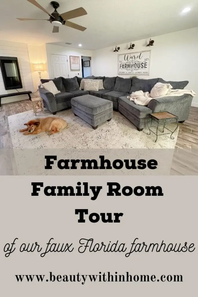 farmhouse family room tour with grey sectional, ivory and grey rug, a brown dog laying on the rug