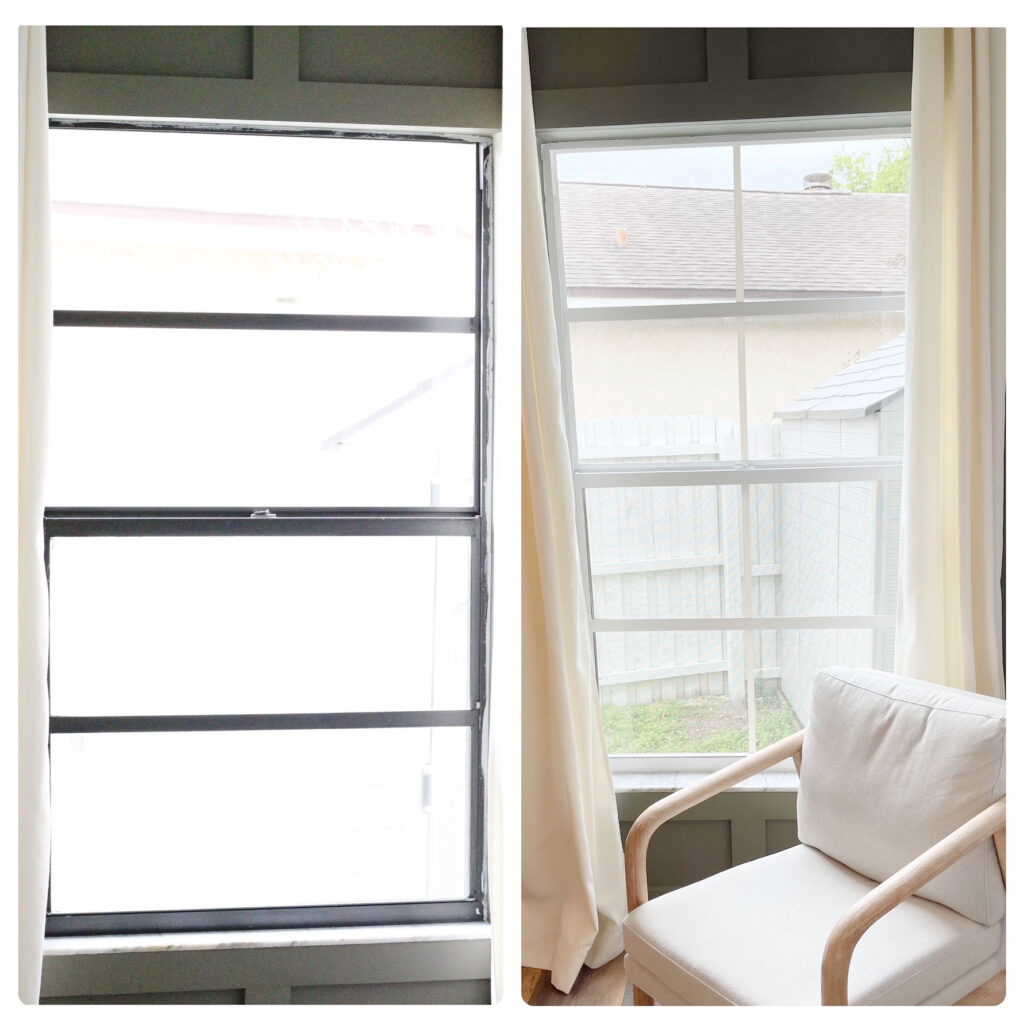 A side by side comparison before and after shot of a window with black trim and a window with white trim and white grids