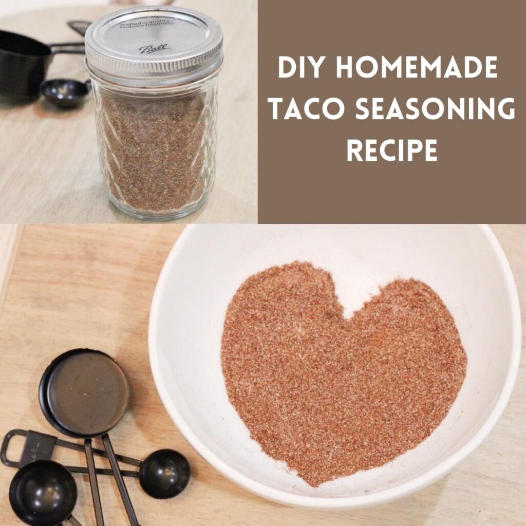 A collage of a mason jar with taco seasoning in it, and a white bowl with taco seasoning in it in the shape of a heart and black measuring spoons beside it