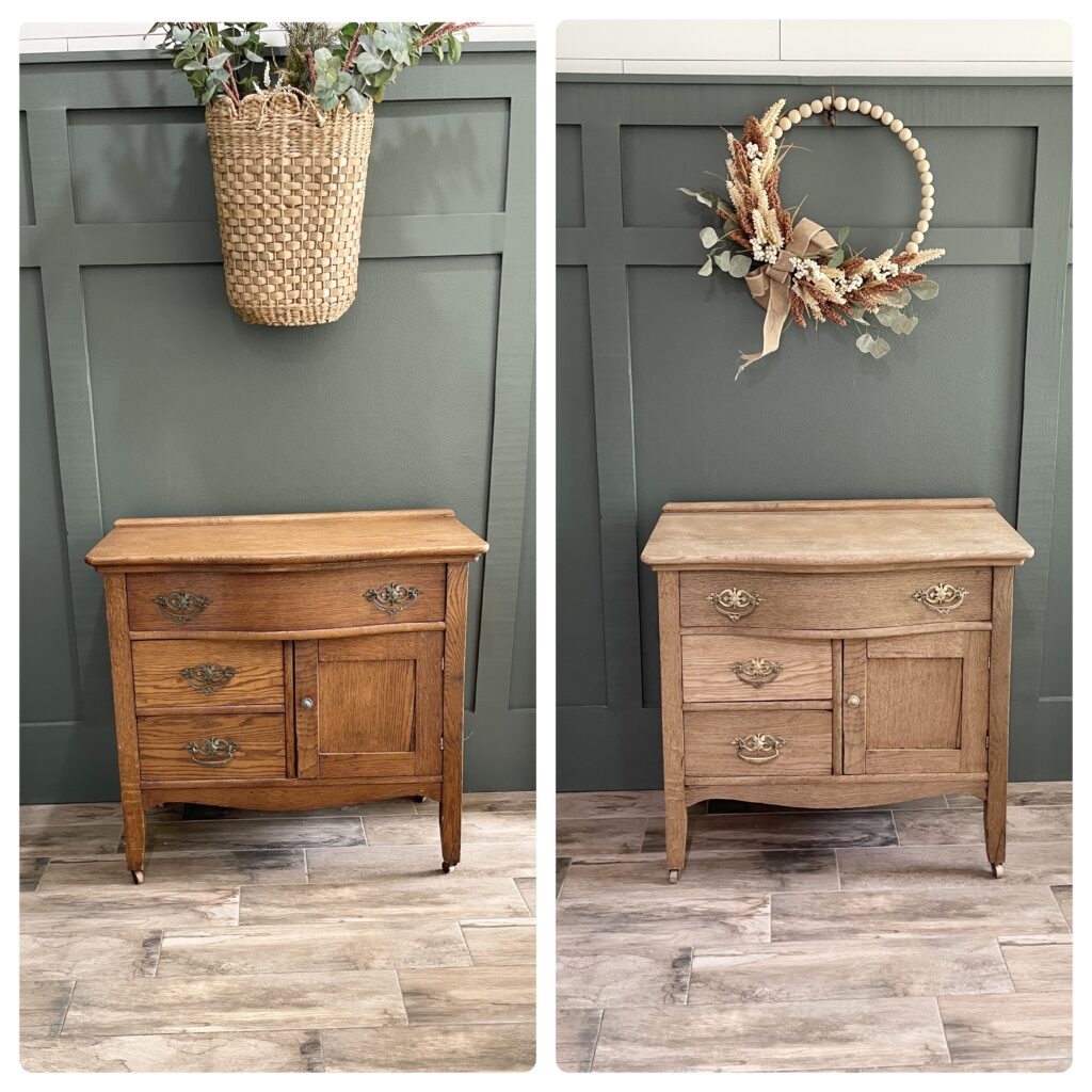 A before and after photo of the same washstand, the left side is the before with the piece with a darker wood stain and the right side is the after with the piece stripped down to its lighter natural wood color