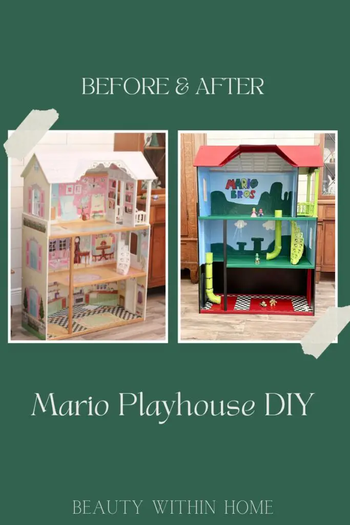 A collage side by side of the before and after of the dollhouse before and then after when it is a red, blue, black Mario house. 