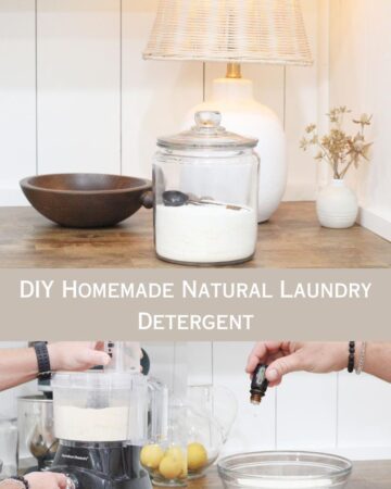 a glass container with white powder in it on a wood countertop, the words "DIY Homemade Natural Laundry Detergent" are written across the middle, bottom picture is a close up of a mans hands using a good processor and essential oils