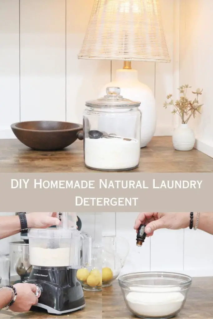 a glass container with white powder in it on a wood countertop, the words "DIY Homemade Natural Laundry Detergent" are written across the middle, bottom picture is a close up of a mans hands using a good processor and essential oils