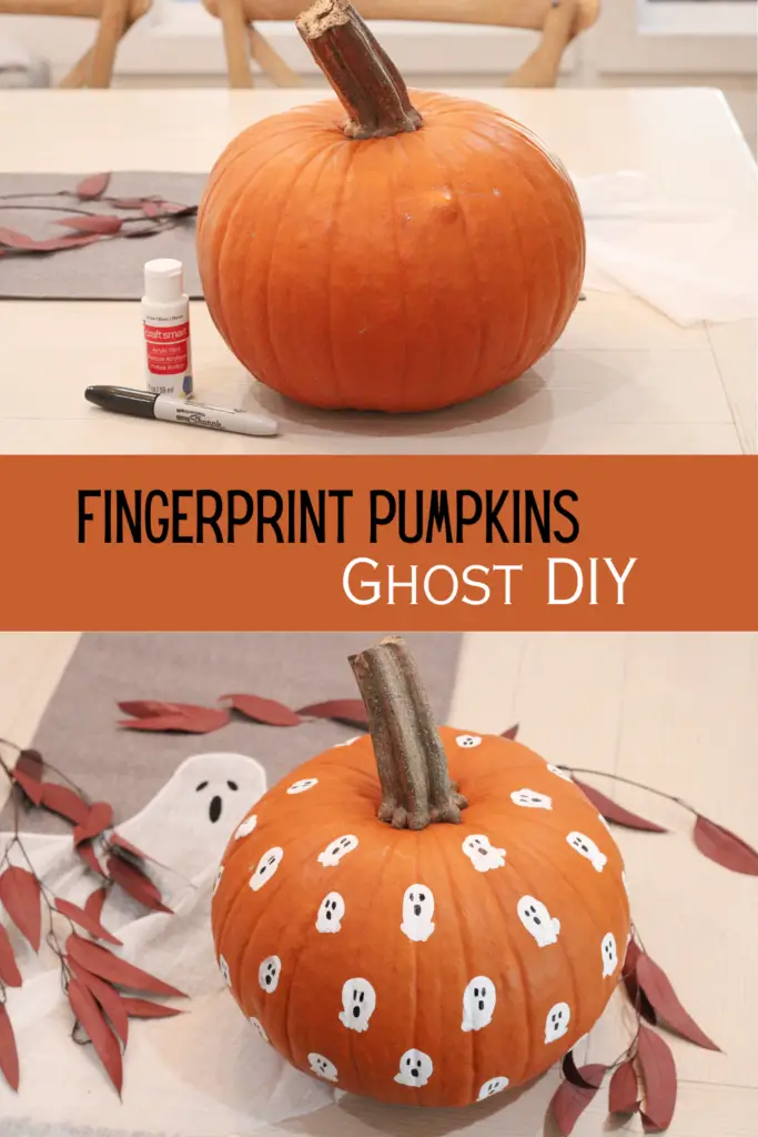 Top picture is a plain real orange pumpkin with a bottle of white paint and a black market next to it, the bottom picture is a close up of the orange pumpkin with white thumbprints all over it and black ghost faces, the words in the middle say "Fingerprint Pumpkins Ghost DIY"